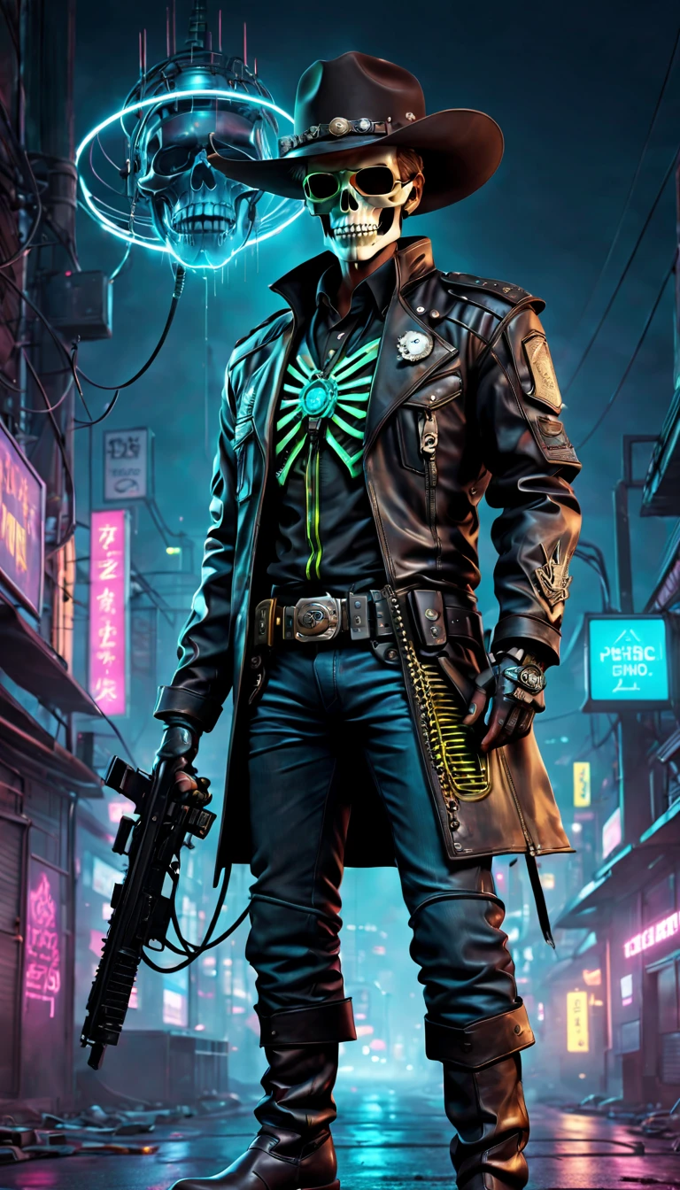 cyber punk perssonage，Mechanical Sheriff，skeleton head，metalictexture，cowboy hat，Cockade，Neon brim，jaqueta de couro，cowboy boots，Retro-Future，vibrant with colors，electric sparks，Dystopian cityscape，Network enhancement，glowing light eyes，Hanging high-tech weapons，wires and cables，nighttime scene，Mixed reality。(Best quality at best,4K,8K,A high resolution,tmasterpiece:1.2),ultra - detailed,(actual,photoactual,photo-actual:1.37),