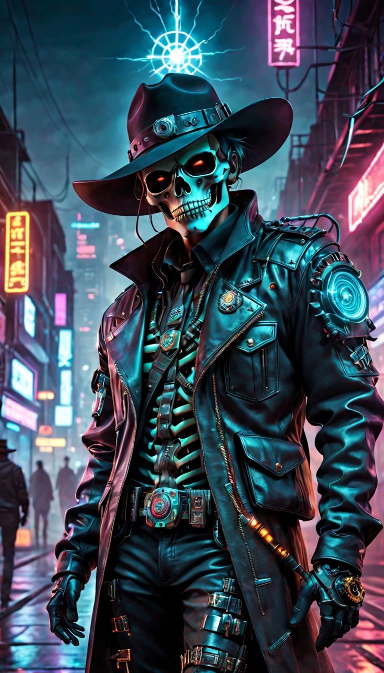cyber punk perssonage,Mechanical Sheriff,skeleton head,metalictexture,cowboy hat,Cockade,Neon brim,jaqueta de couro,cowboy boots,Retro-Future,vibrant with colors,electric sparks,Dystopian cityscape,Network enhancement,glowing light eyes,Hanging high-tech weapons,wires and cables,nighttime scene,Mixed reality。(Best quality at best,4K,8K,A high resolution,tmasterpiece:1.2),ultra - detailed,(actual,photoactual,photo-actual:1.37),