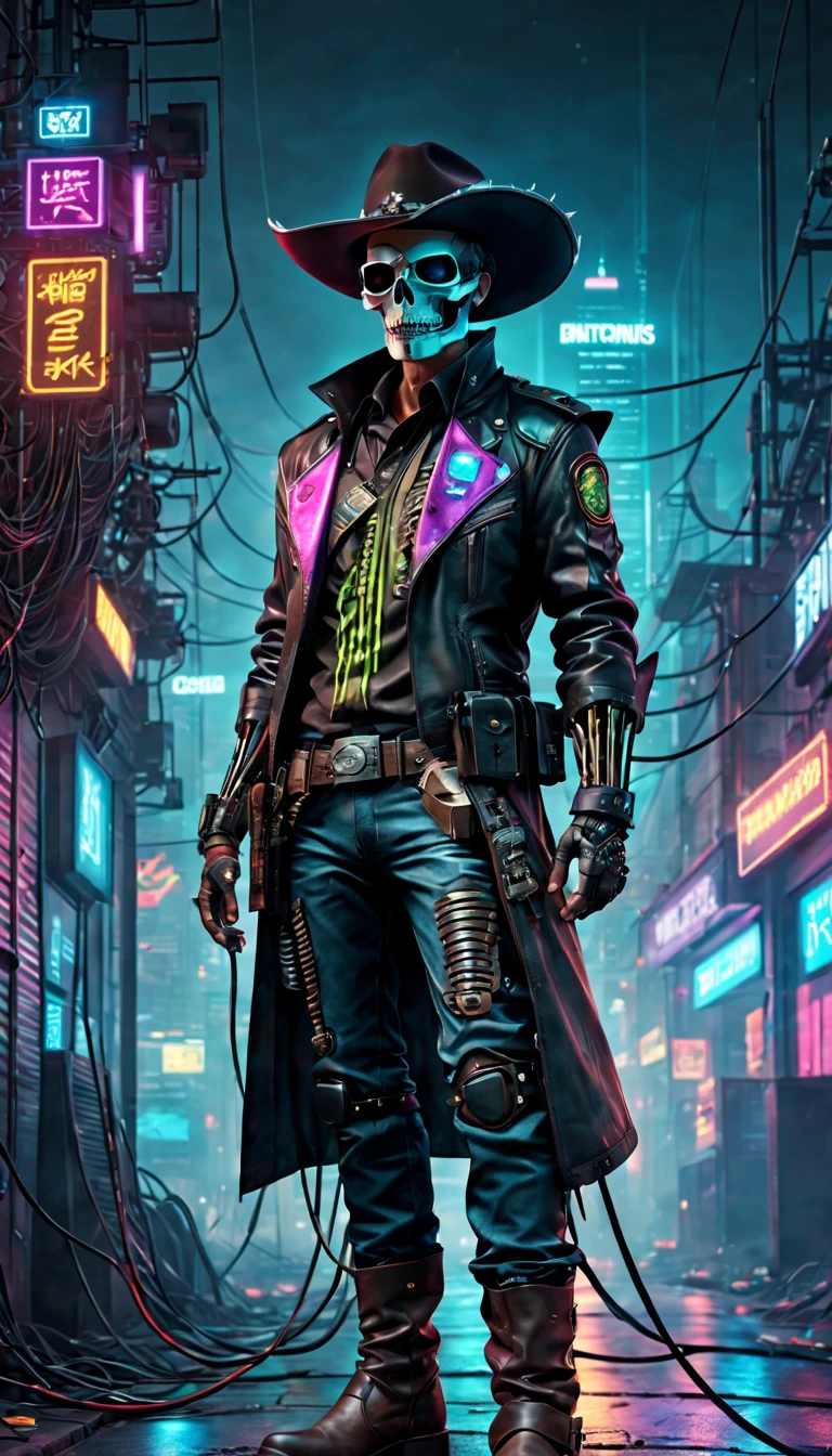 cyber punk perssonage,Mechanical Sheriff,skeleton head,metalictexture,cowboy hat,Cockade,Neon brim,jaqueta de couro,cowboy boots,Retro-Future,vibrant with colors,electric sparks,Dystopian cityscape,Network enhancement,glowing light eyes,Hanging high-tech weapons,wires and cables,nighttime scene,Mixed reality。(Best quality at best,4K,8K,A high resolution,tmasterpiece:1.2),ultra - detailed,(actual,photoactual,photo-actual:1.37),