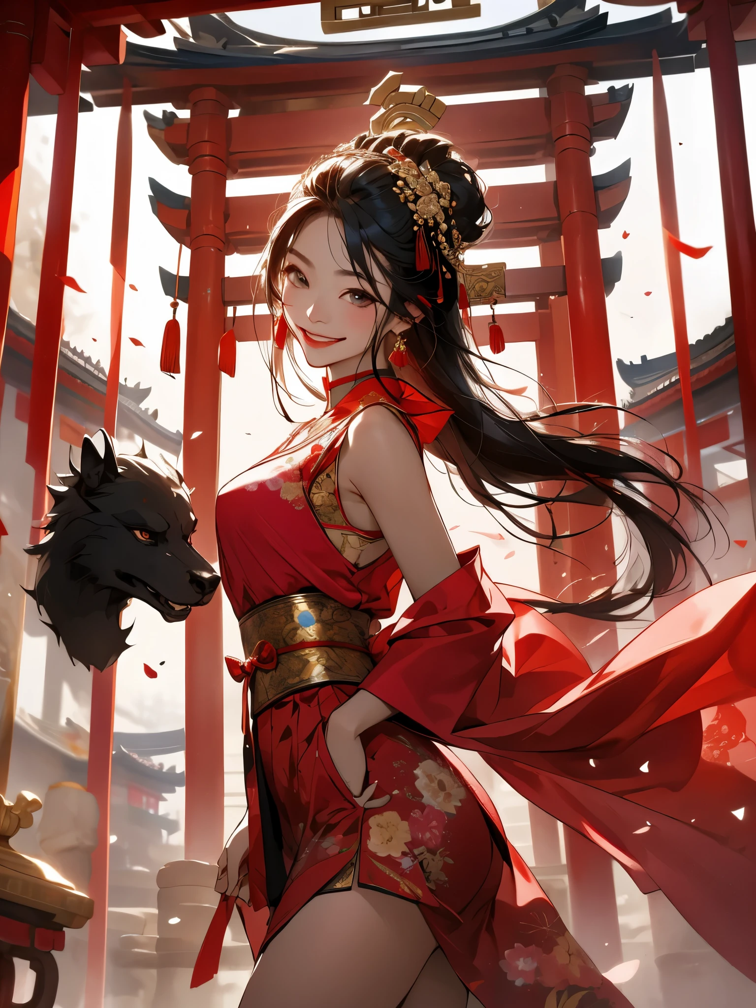 Best quality at best, tmasterpiece, A high resolution, 1 girl, ancient Chinese pink a skirt, pretty  face, ancient Chinese costume, Bow tie without original picture, Elegant, noble, diadems, lean legs, faeries, hair adornments, Alone, looking at viewert, Smiling, shut up, cparted lips, a skirt, hair adornments, choker necklace, jewely, long whitr hair, 耳Nipple Ring, architecture, east asian architecture