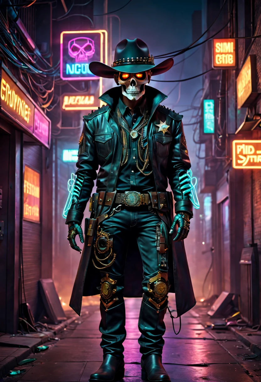 cyber punk perssonage，Robot Sheriff，skeleton head，metalictexture，cowboy hat，Cockade，Neon brim，jaqueta de couro，cowboy boots，Retro-Future，vibrant with colors，electric sparks，Dystopian cityscape，Network enhancement，glowing light eyes，High-tech weapons hanging from the belt，wires and cables，nighttime scene，Mixed reality。(Best quality at best,4K,8K,A high resolution,tmasterpiece:1.2),ultra - detailed,(actual,photoactual,photo-actual:1.37),