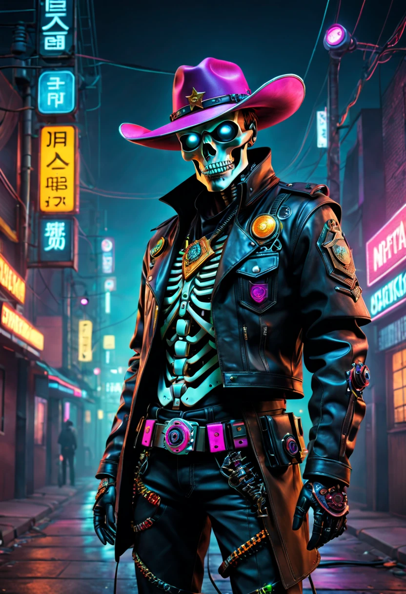 Cyberpunk style:(Skeleton Sheriff riding a motorcycle),metallic feel,Wearing a cowboy hat+Cockade+Neon brim,Wearing a leather jacket,retro futuristic style,Glowing eyes,High-tech weapons hanging on the belt,Wire and Cable,Night view,Bright colors,Electric Spark,Dystopian Cityscape,Network Enhancement,Mixed reality。(Best quality,4K,8K,high resolution,masterpiece:1.2),Extremely detailed,(Practical,photoPractical,photo-Practical:1.37),