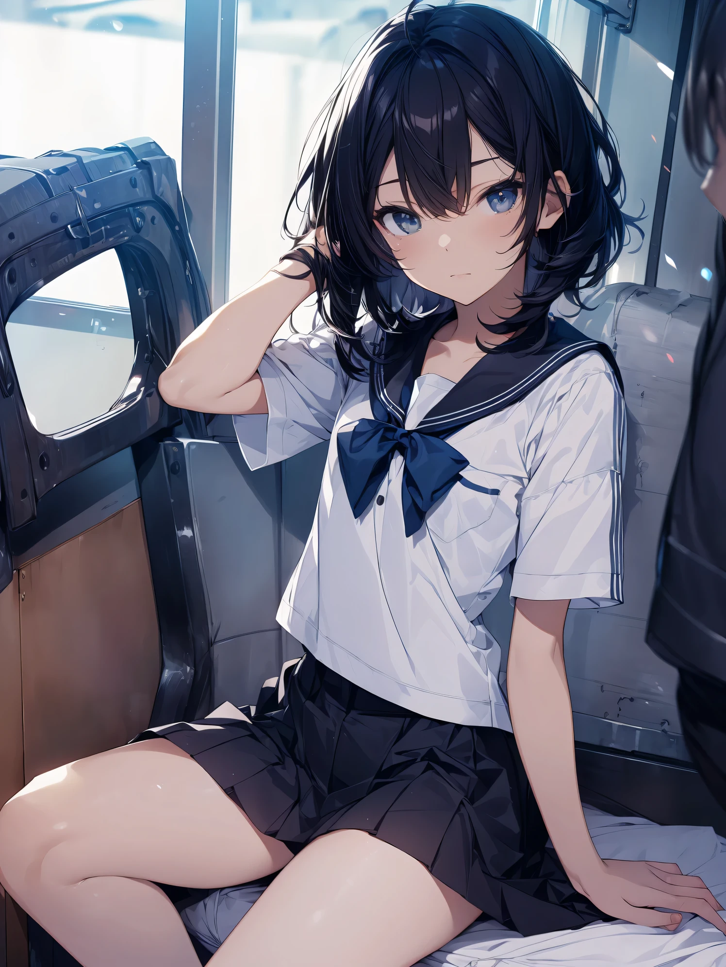 Super high quality by the art god, Ultra-detailed, High resolution, Gwise Style, anime moe art style, best anime 8K konachan wallpaper, Pixiv Contest Winner, Perfect Anatomy,BREAK,(Please draw a picture of a girl sitting sleepily on the bed. ),BREAK, a hyperrealistic schoolgirl, (Solo,Lori,,13yea:1.3),Full limbs, complete fingers,a junior gynous attraction, (Very short hair), hair messy, flat chest, Small butt, groin, Small eyes,Beautiful detailed black eyes, Well-proportioned iris and pupils, High resolution detailed hair, School uniform, Skirt, sitting on a bed, BREAK,Ultra-detailed細なスキン,Shiny skin, Best lighting by famous artists, 8K, Cute illustration.