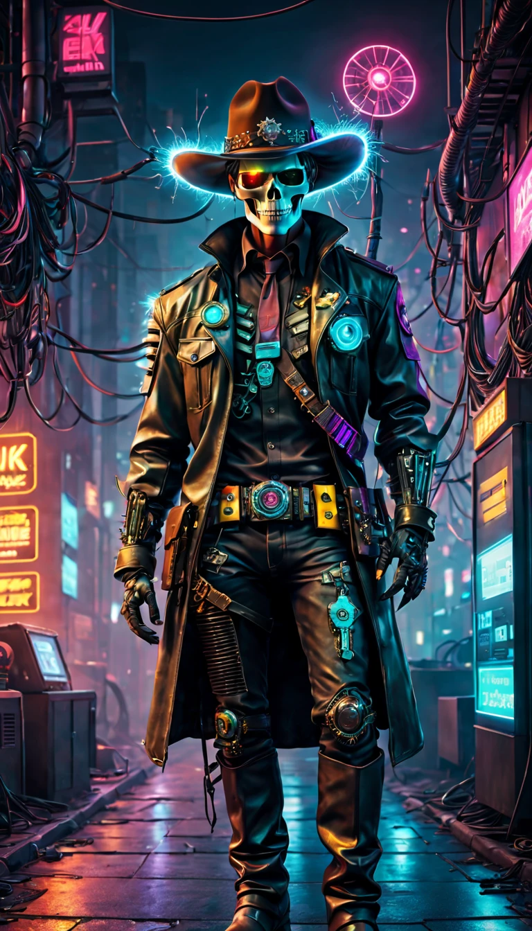 cyber punk perssonage,Robot Sheriff,skeleton head,metalictexture,cowboy hat,Cockade,Neon brim,jaqueta de couro,cowboy boots,Retro-Future,vibrant with colors,electric sparks,Dystopian cityscape,Network enhancement,glowing light eyes,High-tech weapons hanging from the belt,wires and cables,nighttime scene,Mixed reality。(Best quality at best,4K,8K,A high resolution,tmasterpiece:1.2),ultra - detailed,(actual,photoactual,photo-actual:1.37),