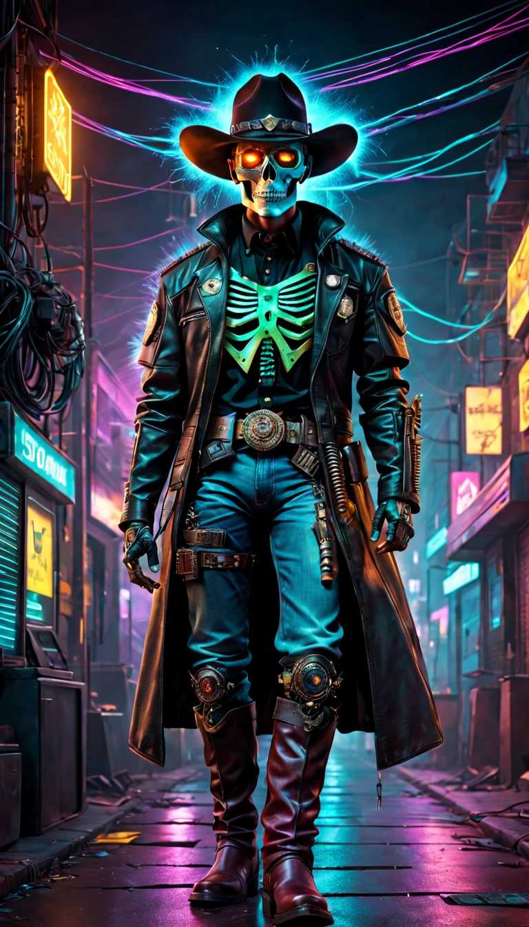 cyber punk perssonage,Robot Sheriff,skeleton head,metalictexture,cowboy hat,Cockade,Neon brim,jaqueta de couro,cowboy boots,Retro-Future,vibrant with colors,electric sparks,Dystopian cityscape,Network enhancement,glowing light eyes,High-tech weapons hanging from the belt,wires and cables,nighttime scene,Mixed reality。(Best quality at best,4K,8K,A high resolution,tmasterpiece:1.2),ultra - detailed,(actual,photoactual,photo-actual:1.37),
