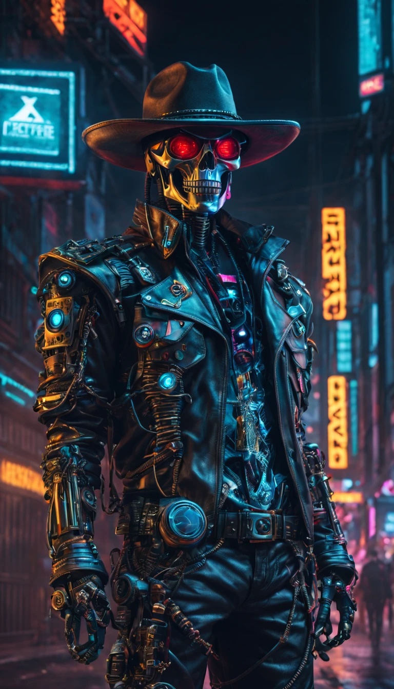 cyber punk perssonage，Robot Sheriff，skeleton head，metalictexture，cowboy hat，Cockade，Neon brim，jaqueta de couro，cowboy boots，Retro-Future，vibrant with colors，electric sparks，Dystopian cityscape，Network enhancement，glowing light eyes，High-tech weapons hanging from the belt，wires and cables，nighttime scene，Mixed reality。(Best quality at best,4K,8K,A high resolution,tmasterpiece:1.2),ultra - detailed,(actual,photoactual,photo-actual:1.37),