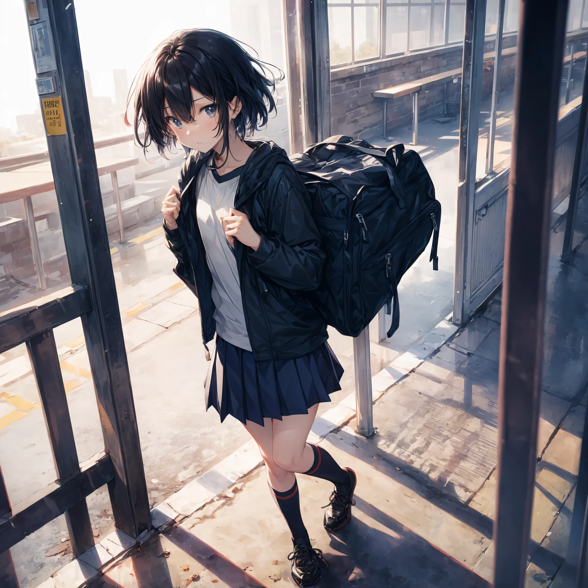 Super high quality by the art god, Ultra-detailed, High resolution, Shinkai Makoto style, anime moe art style, best anime 8K konachan wallpaper, Pixiv Contest Winner, Perfect Anatomy, BREAK,(Please draw a sleepy girl going to school alone.. ),BREAK, a hyperrealistic schoolgirl, (Solo,Lori,child,13years:1.3),Full limbs, complete fingers,a junior high school student, Androgynous attraction, (Very short hair), hair messy, flat chest, Small butt, groin, Small eyes,Beautiful detailed black eyes, Well-proportioned iris and pupils, disgusted eye, High resolution detailed hair, School uniform, Skirt, On the way to school. BREAK,Ultra-detailed細なスキン, Best lighting by famous artists, 8K, Illustration,