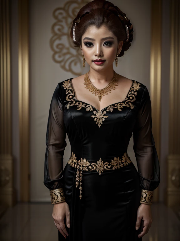 photography, woman, large breasts, cleavage,  portrait of java wedding woman in black long kebaya dress traditional, red lipstick, golden necklace, earrings, ornate, detail, flowers, full body,