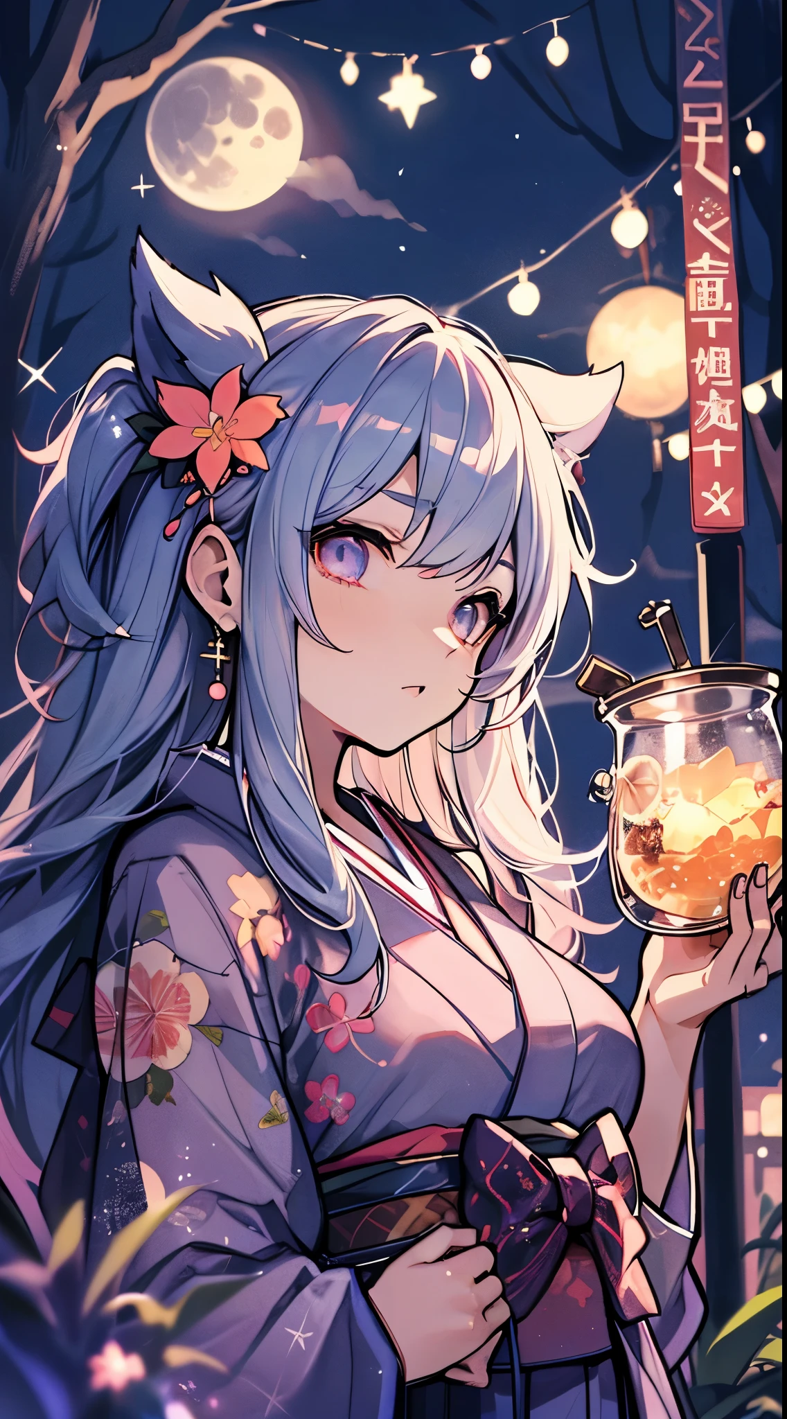 best qualtiy, 超A high resolution, A detailed face, A detailed eye, beautiful sexy woman, black and red kimono, moon in background, nigh sky, holding sake in hand, Sparkle, butterflys々, Fantastical, Looking up at the moon, sit at the base of a tree,