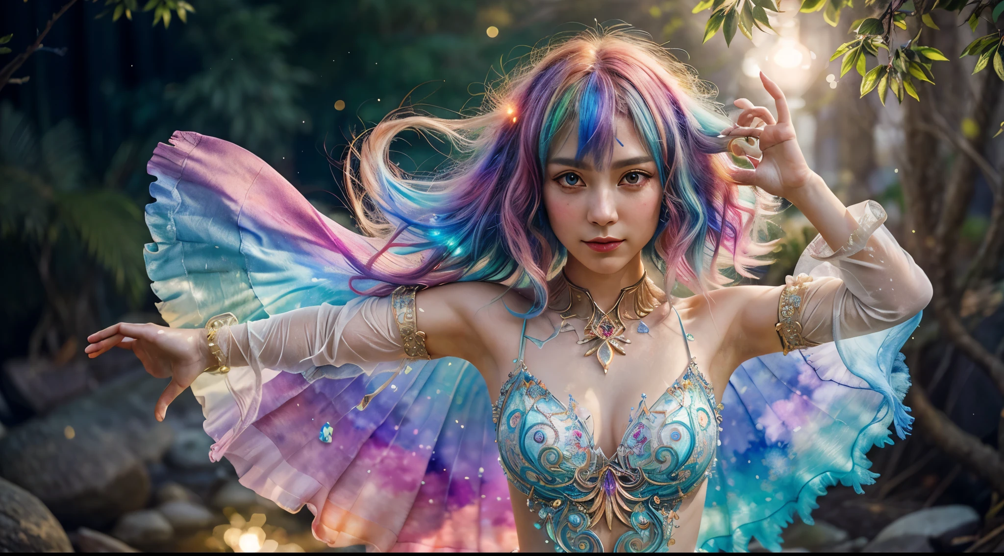 A captivating anime girl gracefully emerges from the pages of a watercolor painting, her vibrant and intricate colors breathing life into the artwork. She wears extraordinary fantasy costumes,Decorated with exquisite details, reflecting the enchanting world she inhabits. Luminescent elements, like glowing crystals and ethereal wisps, surround her, casting a soft, otherworldly glow. The watercolor style imbues the image with a sense of fluidity and delicacy, as if the colors are effortlessly blending and bleeding into one another. Camera shot: Medium Shot, Camera lens: softfocus, Lighting: luminescent glow, watercolor brushstrokes,