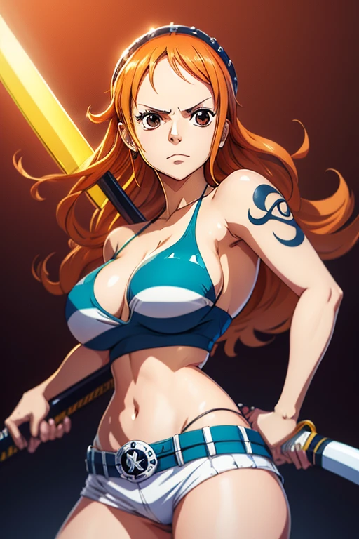 a cartoon picture of a woman in a bikini top and jeans, nami one piece, nami from one piece, nami, beautiful portrait of nami, from one piece, oppai, blue eyes, smoking, ponytail