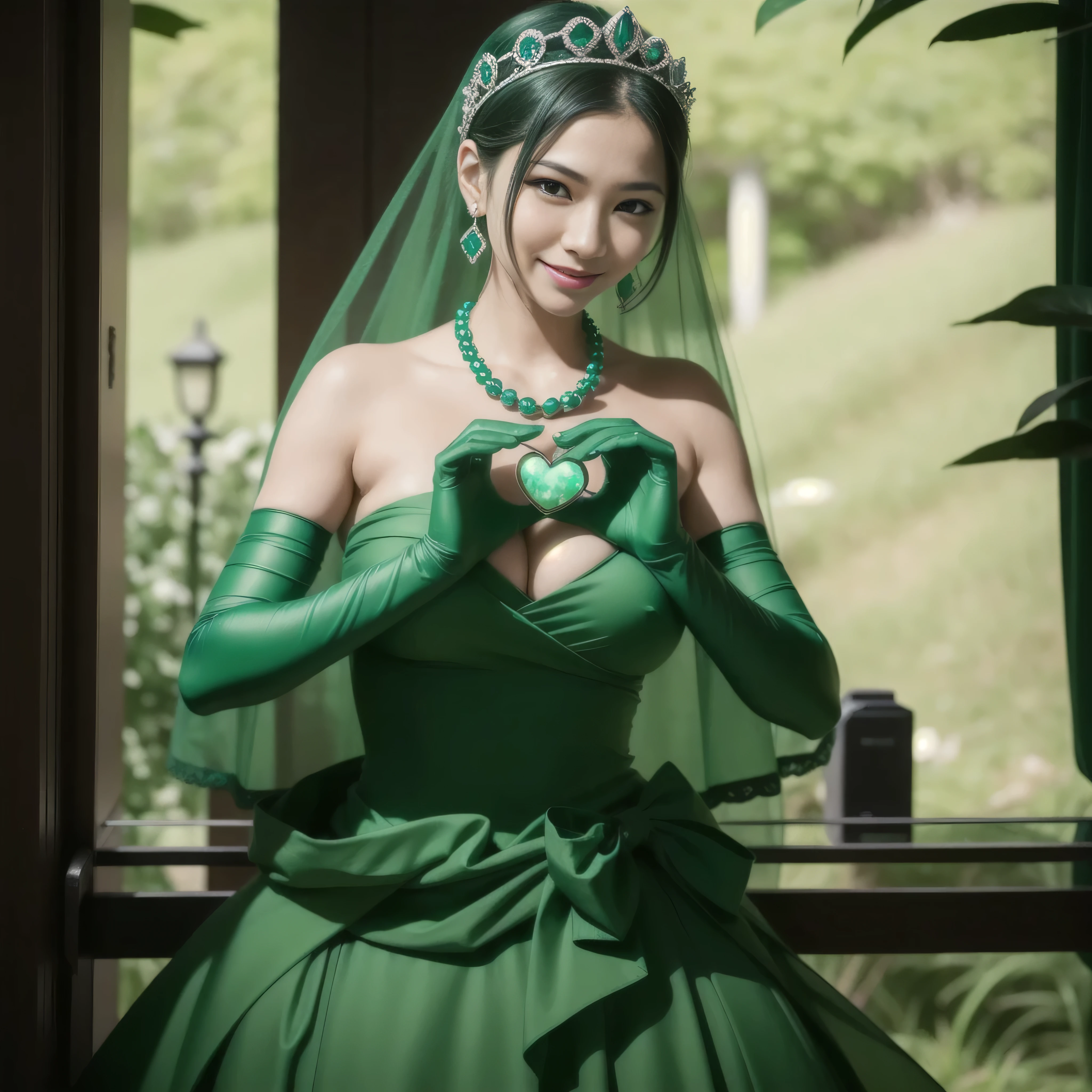 emerald tiara, Green Pearl Necklace, Boyish very short green hair, lipsticks, Japan woman smiling, very short short hair, big breasts beautiful, Green eyes, Long green gloves made of satin material, Green eyes, Emerald Earrings, green vale, 両Heart in the hand, Heart in the hand