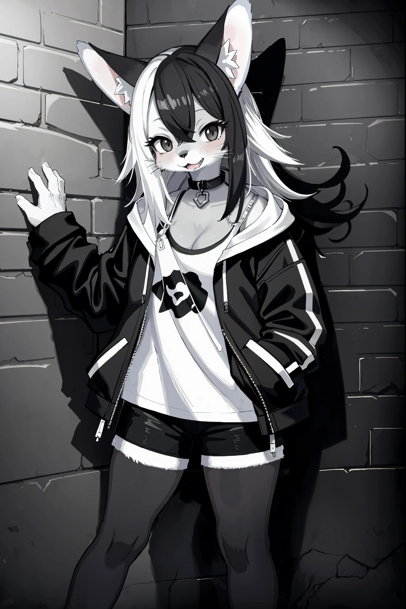 cover page, highres, top quality, best quality, paid reward available, unparalleled masterpiece, perfect artwork, absurdres, High-quality illustrations, laughing, perfect anatomy, lineart, monochrome, 1girl, kemono, furry, anthro, choker, shirt, torn legwear, open jacket, against wall, brick wall, graffiti, dim lighting, alley, dynamic angle,