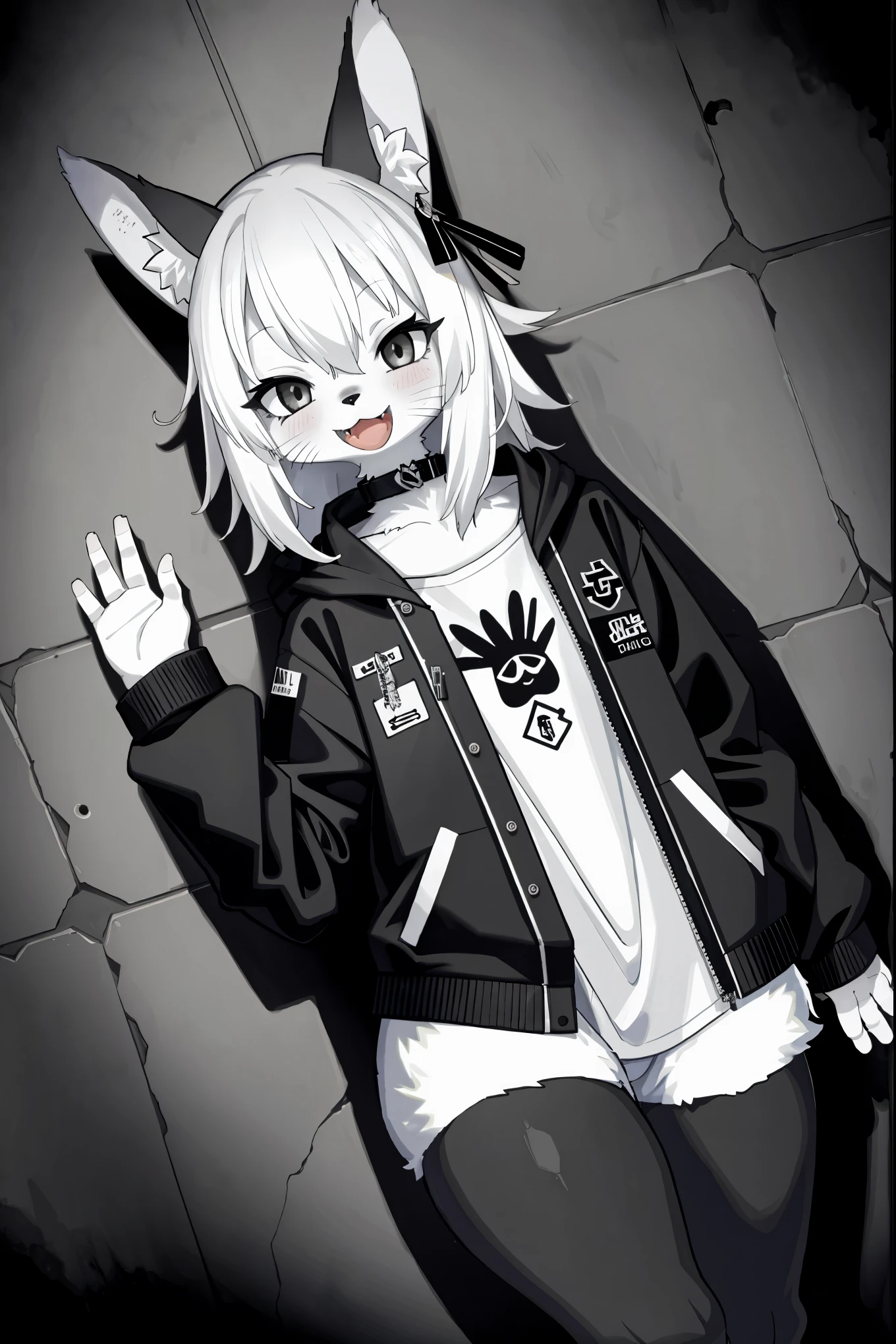 cover page, highres, top quality, best quality, paid reward available, unparalleled masterpiece, perfect artwork, absurdres, High-quality illustrations, laughing, perfect anatomy, lineart, monochrome, 1girl, kemono, furry, anthro, choker, shirt, torn legwear, open jacket, against wall, brick wall, graffiti, dim lighting, alley, dynamic angle,