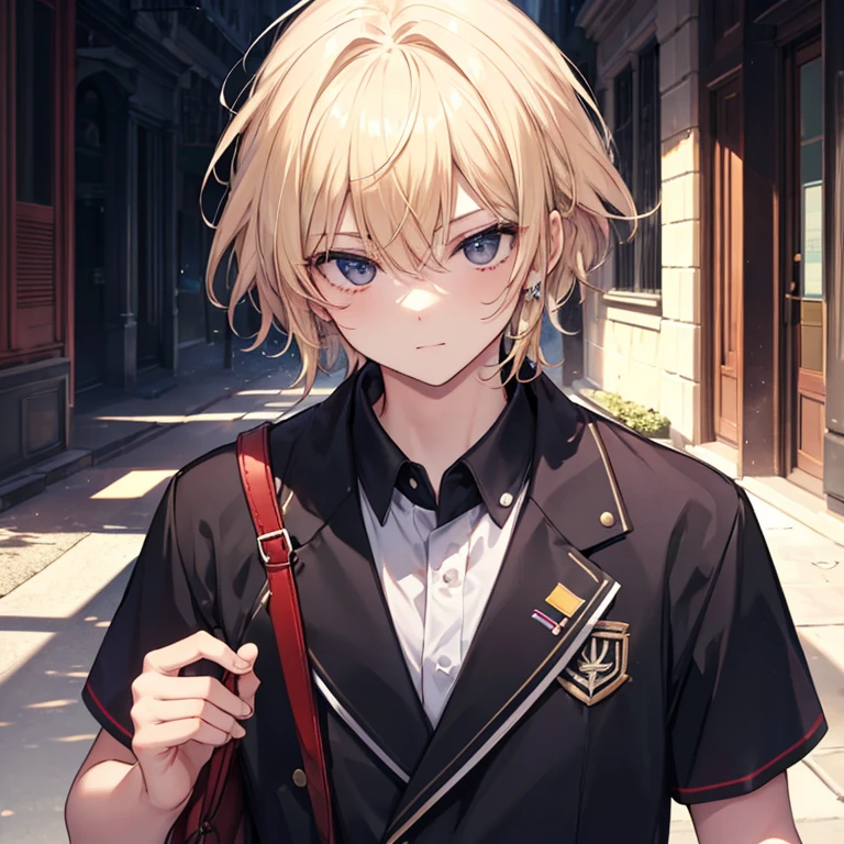 masterpiece, best quality, ultra detailed, 1 boy, short blonde hair, delinquent, sharp black eyes,