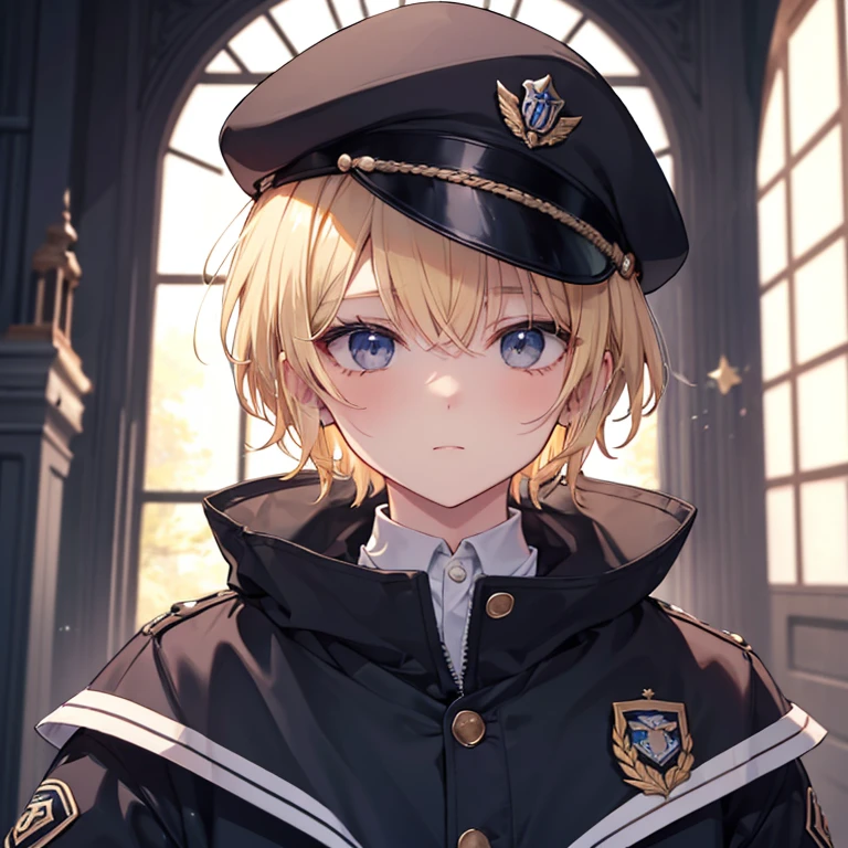 masterpiece, best quality, ultra detailed, 1 boy, short blonde hair, delinquent, sharp black eyes,
