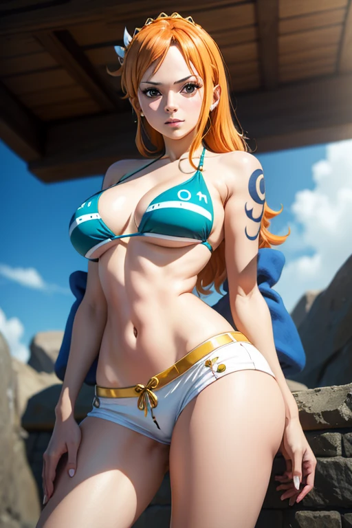 Thick tattooed Nami One Piece manga leaning forward ass focus doggy_style face in profile bottom up naked entire body open mouth tongue out rolling eyes ahegao versus tentacle anal penetration all the way through her body at beach