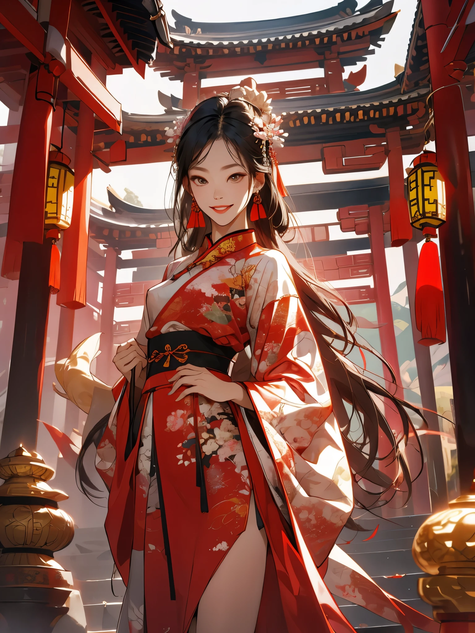Best quality at best, tmasterpiece, A high resolution, 1 girl, ancient Chinese pink a skirt, pretty face, ancient Chinese costume, Bow tie without original picture, Elegant, noble, diadems, lean legs, faeries, hair adornments, Alone, looking at viewert, Smiling, shut up, cparted lips, a skirt, hair adornments, choker necklace, jewely, long whitr hair, 耳Nipple Ring, architecture, east asian architecture