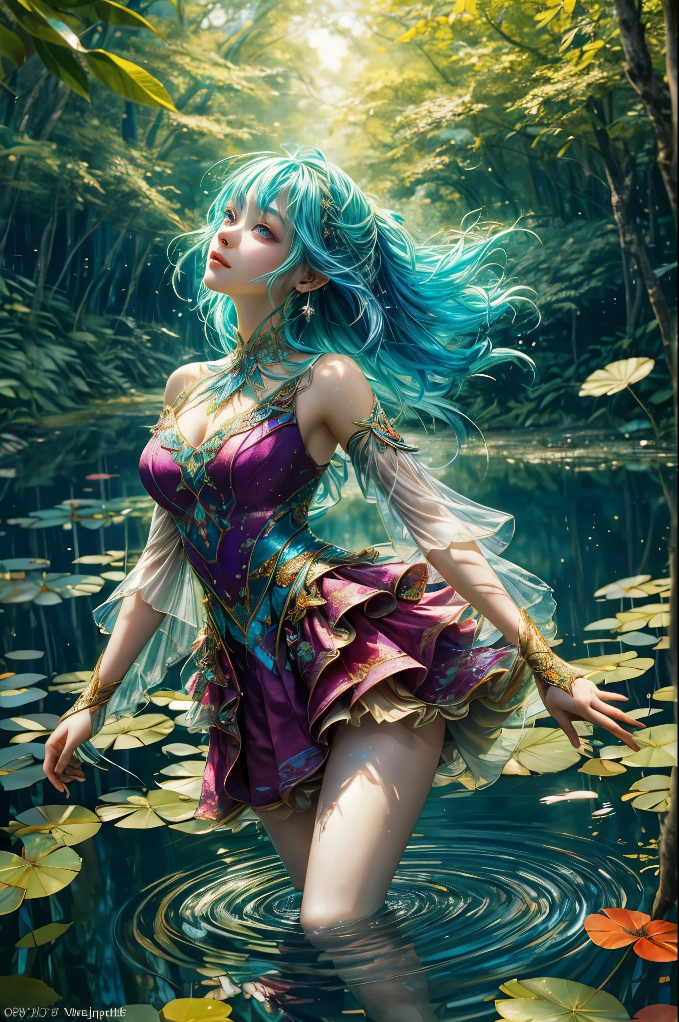 A captivating anime girl gracefully emerges from the pages of a Pond in a Sunnlit Magic FOREST, her vibrant and intricate colors breathing life into the artwork. She wears extraordinary fantasy costumes,Decorated with exquisite details, reflecting the enchanting world she inhabits. Luminescent elements, like glowing crystals and ethereal wisps, surround her, casting a soft, otherworldly glow. The watercolor style imbues the image with a sense of fluidity and delicacy, as if the colors are effortlessly blending and bleeding into one another. Camera shot: Medium Shot, Camera lens: softfocus, Lighting: luminescent glow, watercolor brushstrokes,