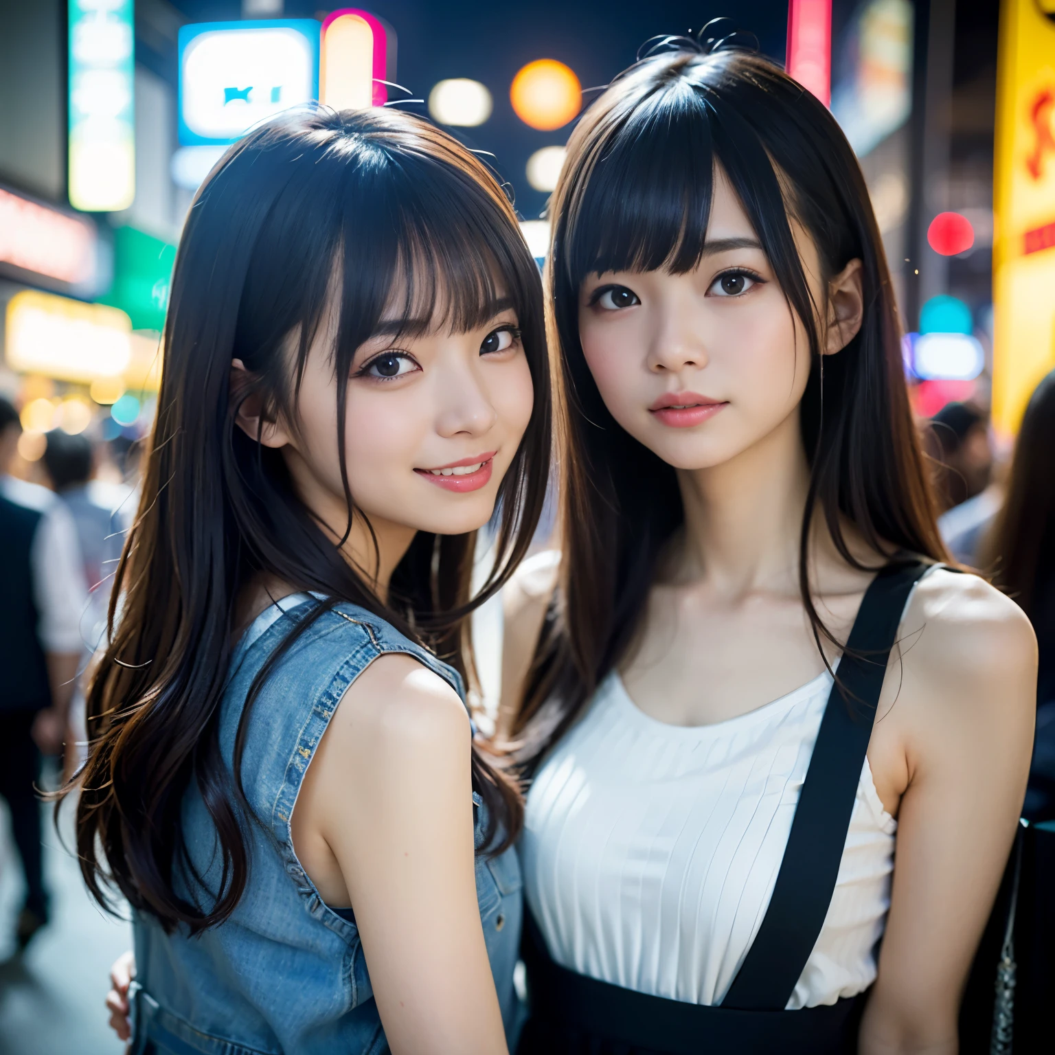 Super detailed　super high quality　super high quality　surreal　photograph　three japanese girls　Each girl has a different hairstyle randomly　　Fair skin　16 years old　((half-open lips:1.3))　beautiful and soft skin　((Beautifully styled straight short hair))  beautiful and perfect body　surprisingly very cute　A beautiful and transparent young man々new skin　16 years old　(High school girl wearing a thin camisole) big breasts　whole body　everyday city　busy city　　((night))　viewer&#39;perspective　　Front view　　(big breasts:1.3)   (cleavage)　(amazingly cute girl:1.3)　　(whole bodyポートレート)　