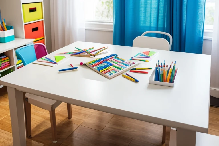 white sheet of paper on a table with many colored pencils next to it, giz de cera, canetinhas coloridas, ambiente como uma brinquedoteca infantil, ambiente claro iluminado diurno, environment with colorful furniture