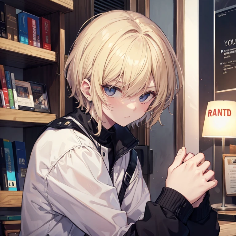 masterpiece, best quality, ultra detailed, 1 boy, short blonde hair, delinquent, sharp black eyes, dead eyes