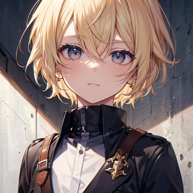 masterpiece, best quality, ultra detailed, 1 boy, short blonde hair, delinquent, sharp black eyes, dead eyes