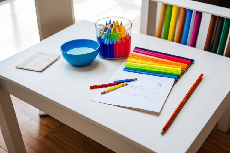 white sheet of paper on a table with many colored pencils next to it, giz de cera, canetinhas coloridas, ambiente como uma brinquedoteca infantil, ambiente claro iluminado diurno, environment with colorful furniture