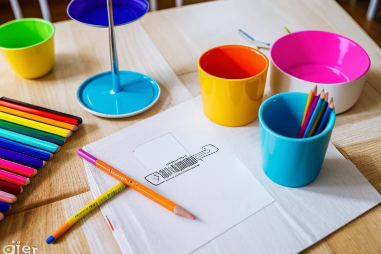 white sheet of paper on a table with many colored pencils next to it, giz de cera, canetinhas coloridas, ambiente como uma brinquedoteca infantil, ambiente claro iluminado diurno, environment with colorful furniture