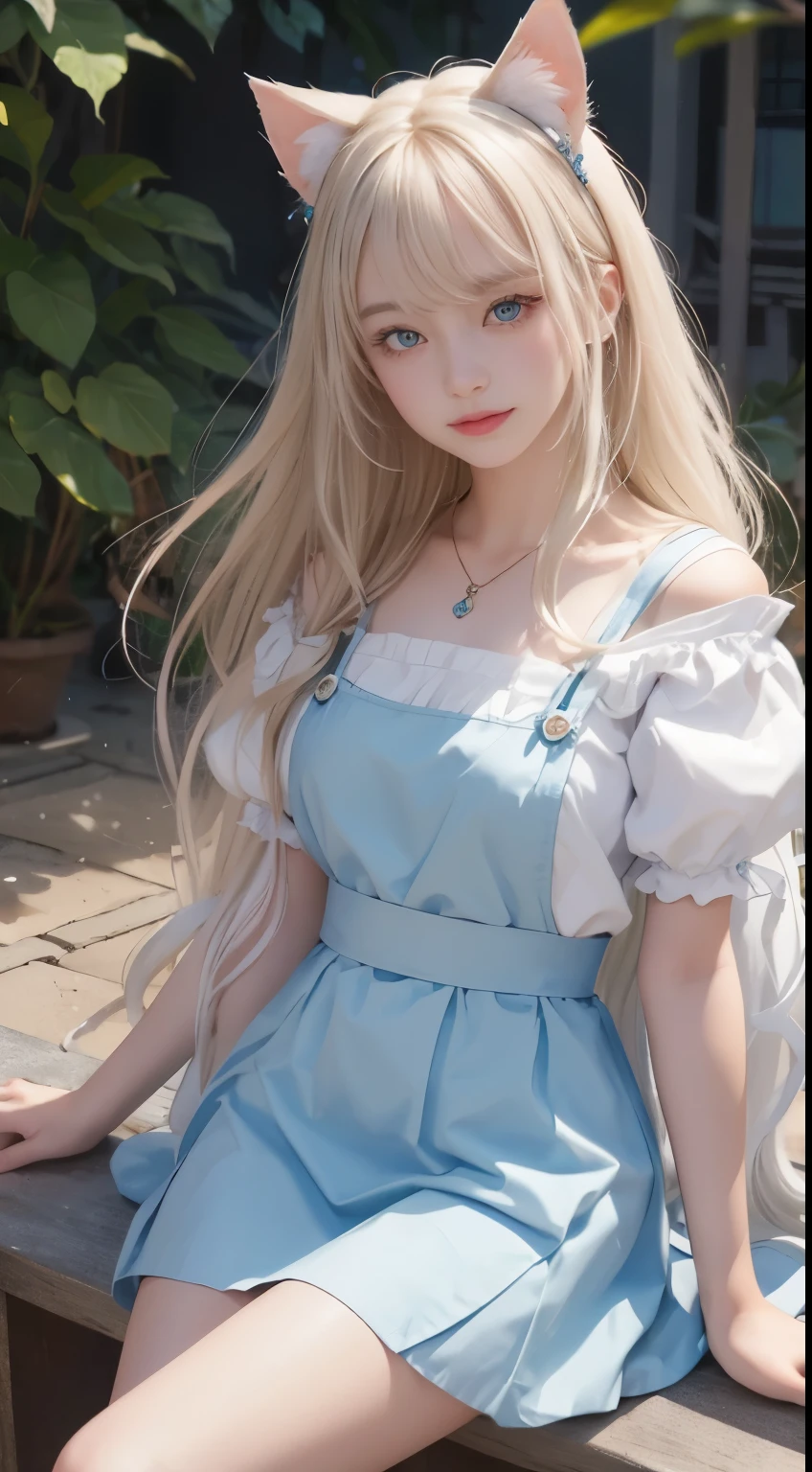 bright expression、photorealisim、top-quality、超A high resolution、a picture、絶妙に美しい北欧生まれの女の子のa picture、Extraordinary beautiful girl、Detailed cute and beautiful face、(pureerosface_v1:0.008)、Beautiful bangs、alice in the wonderland、18year old、Glowing white shiny skin、Flow of hair that extends to the face、Bangs between the eyes、Super long hair、Attractive light and dark platinum blonde super long straight silky hair、finer hair、Attractive glowing beautiful bright clear light blue big eyes、White Apron、Yellow dress、eye liner、Double eyelids、Lush bust、2 girls in、Cat's ears、great laughter、a short skirt、White lace underskirt、Pink panty、