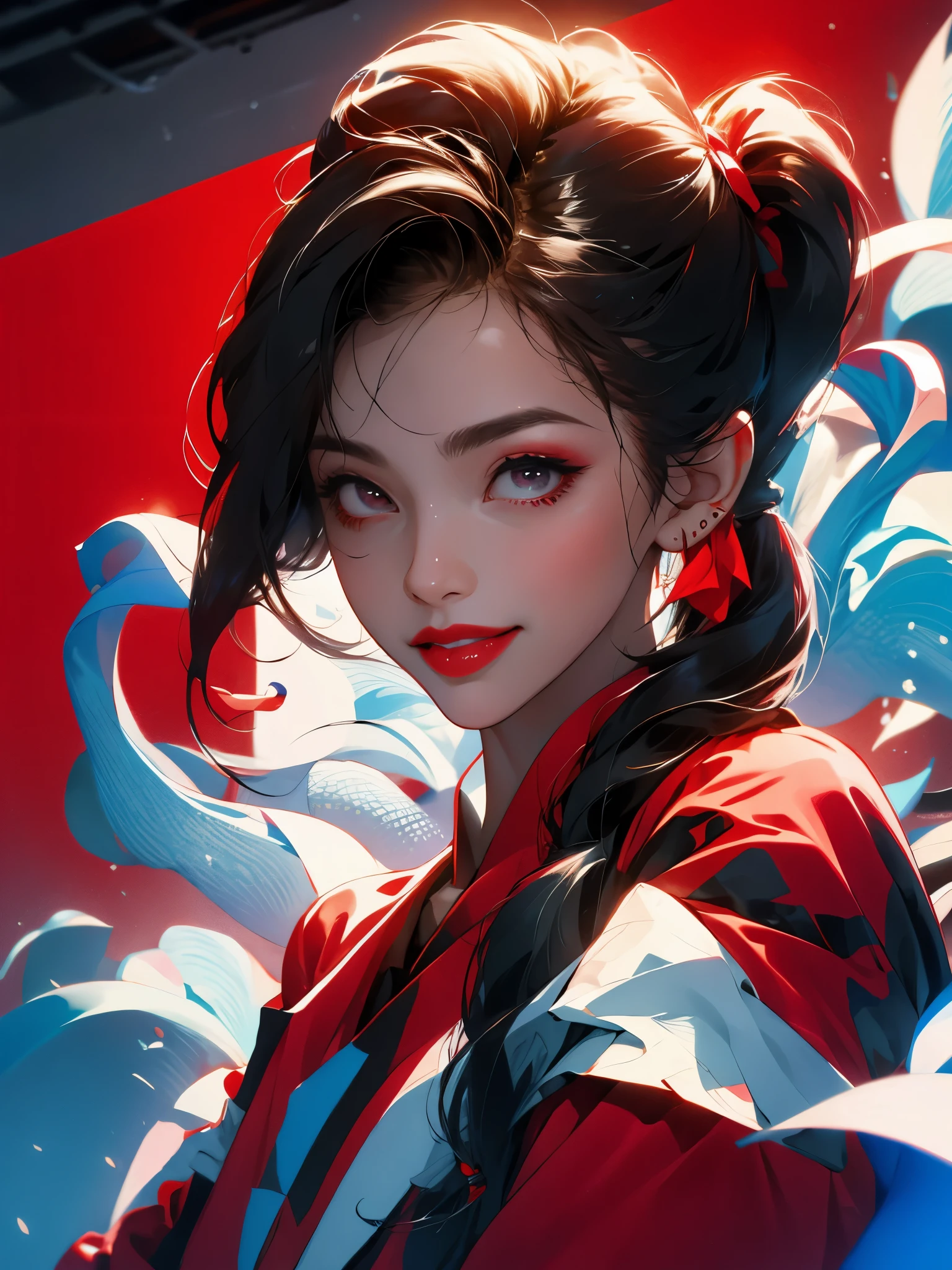 1 girl,He didn't,,Redlip,ssmile,pony tails,actual