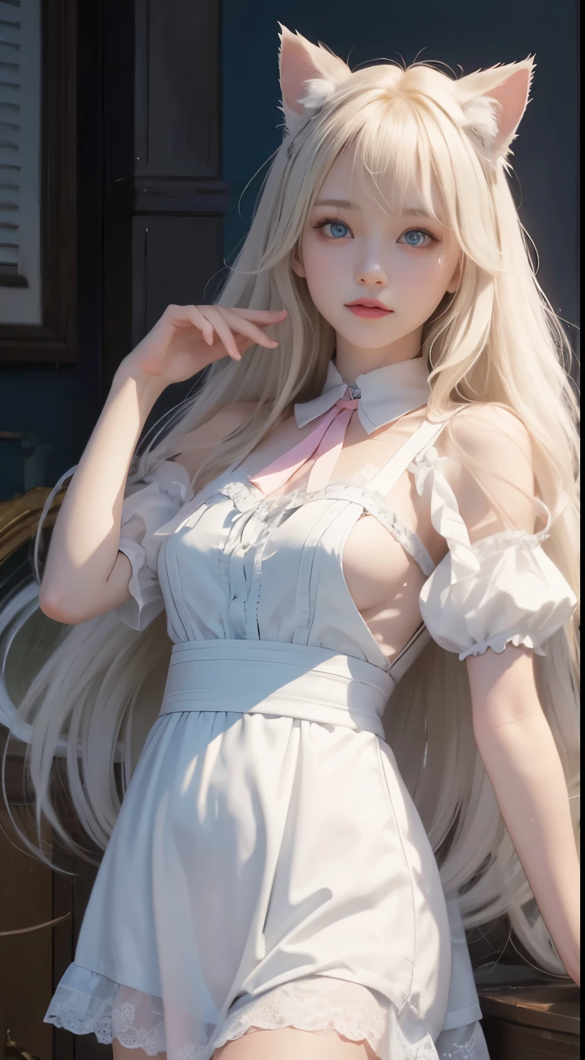 bright expression、photorealisim、top-quality、超A high resolution、a picture、絶妙に美しい北欧生まれの女の子のa picture、Extraordinary beautiful girl、Detailed cute and beautiful face、(pureerosface_v1:0.008)、Beautiful bangs、alice in the wonderland、18year old、Glowing white shiny skin、Flow of hair that extends to the face、Bangs between the eyes、Super long hair、Attractive light and dark platinum blonde super long straight silky hair、finer hair、Attractive glowing beautiful bright clear light blue big eyes、White Apron、Yellow dress、eye liner、Double eyelids、Lush bust、2 girls in、Cat's ears、great laughter、a short skirt、White lace underskirt、Pink panty、