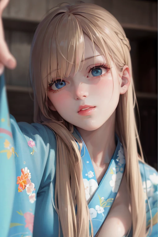 Fed girl in blue kimono looking at camera, animemanga girl in real life, Belle Defin, Cute and natural anime face, animemanga girl , 🤤 girl portrait, 长长的blonde hair and large eyes, long blonde hair and large eyes, china blue eyes, very beautiful cute catgirl, blonde hair and large eyes, profile picture 1024px