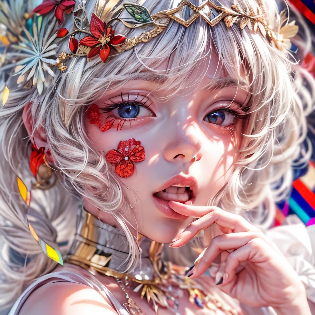 Sexy girl in ((WHITE)) and Delicate lace underwear, with Glossy RED lips, (Exposed:1.2), (nipple:-0.9), { closeup of Cute lips | Dynamic-angle }, ((Dazzling stained glass Background)), (( colorful Light shines through stunning elaborate stained glass:1.2)), vivid Red colors . ((Acutance:0.8, physically-based rendering)), (masterpiece:1.2), (ultra-detailed:1.35), (realistic, photorealistic, ((photo-realistic:1.37))with touch of rawness) . ((Renbutsu Misako)), (Extremely detailed KAWAII face variations, with Dynamic expressions), detailed eyes with sparkling highlights, captivating gaze, long eyelashes, subtle blush on the face, rosy cheeks, impeccable oiled ivory skin texture . { full of flowers covering girl's body | Mystic sight | haze | Light Particle | Lens Particle | Lens Flare | Dazzling angle's Halo | (Red leather) high collar | Overflowing sideboob } . ((( not Detailed fingers:-0.9))) .