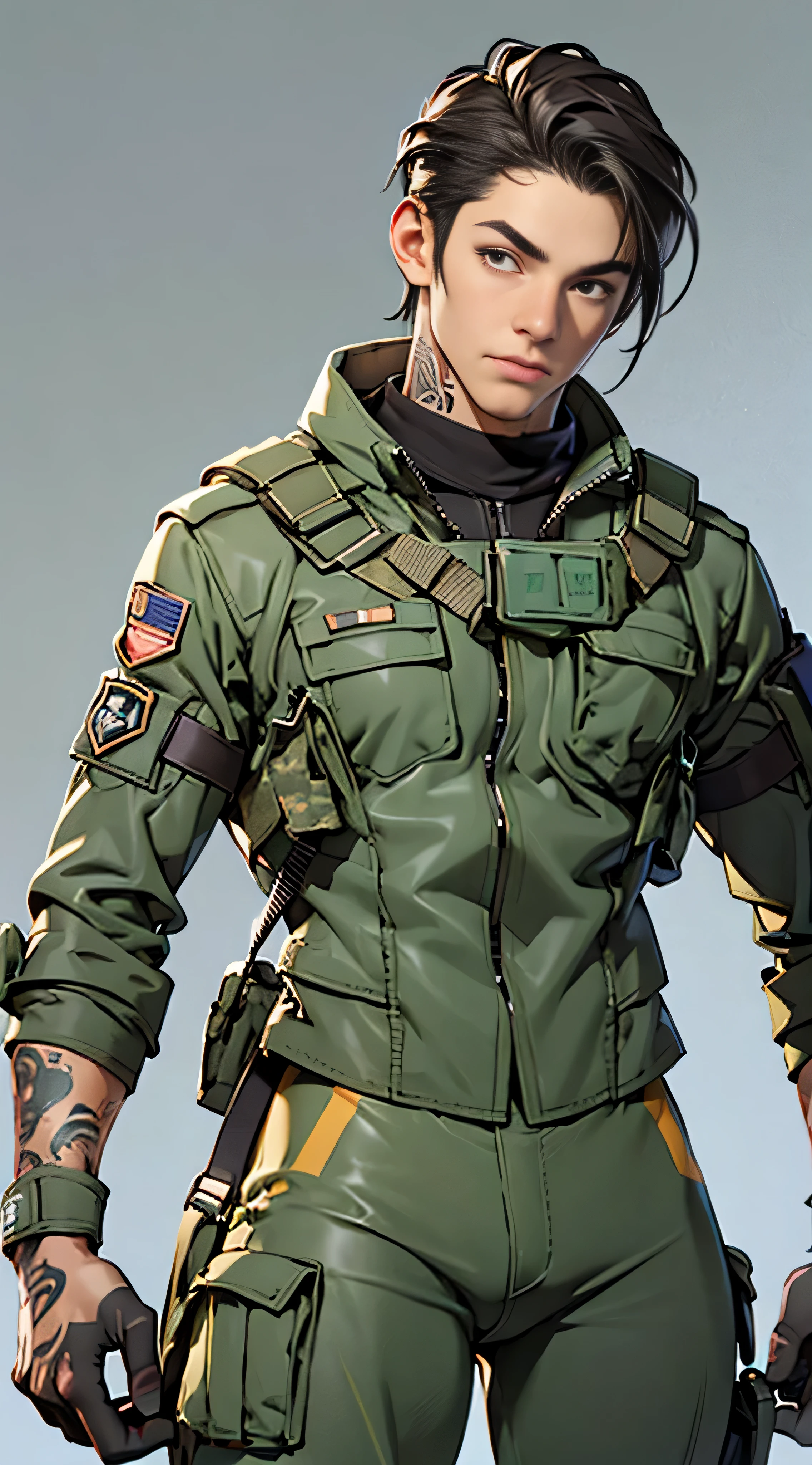 (((Best quality at best: 1.4))),(Unbeatable masterpiece), (hyper HD),(Hyper-realistic 8k CG)、 ((( body))), (((1 male soldier))), 25-year-old American soldier with perfect body,,A detailed face,muscular body:1.2,detail camouflage jacket, Camouflage vest、 (Pictures from head to thighs),clean abs, Complex equipment, Dark Green，With white stars and off-white stripes,,,,, Tech Armor, Poison tattoos ),