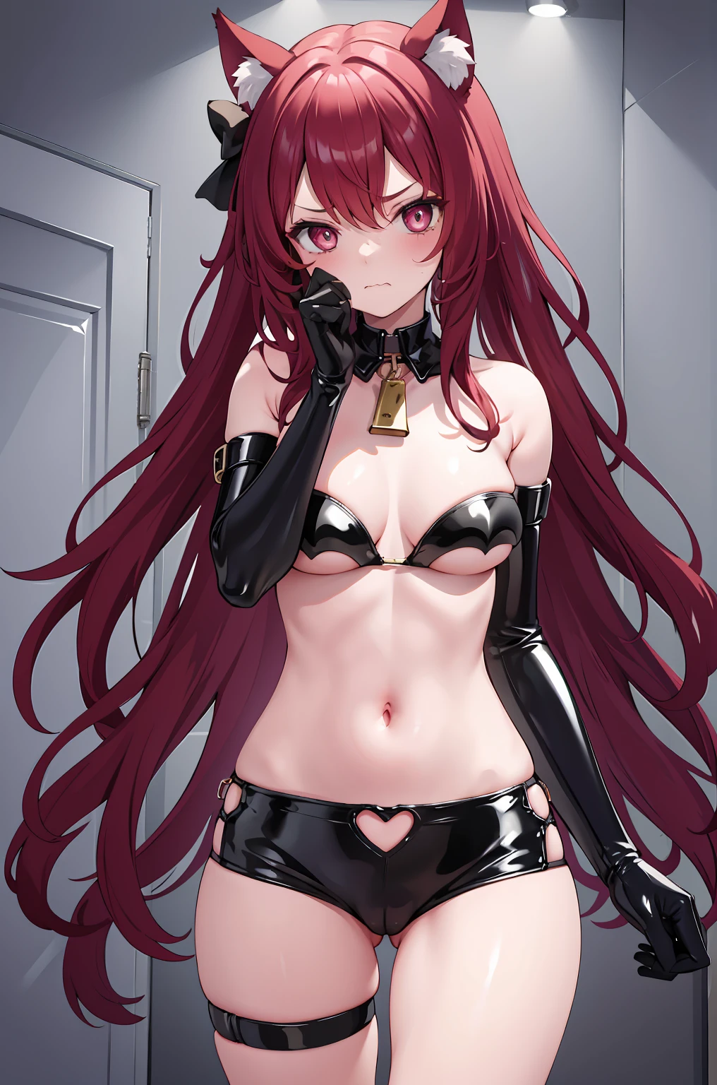 1 girl,Alone,Permanent,navel,latex,bat underwear, , gloves on the elbow, underbust, Chopping, clenched hands, cow boy shot, , Be red in the face, scowling, Wavy mouth, Keep your mouth shut, Bedrooms, Cat ears, Very long hair, Put your arms by your sides,