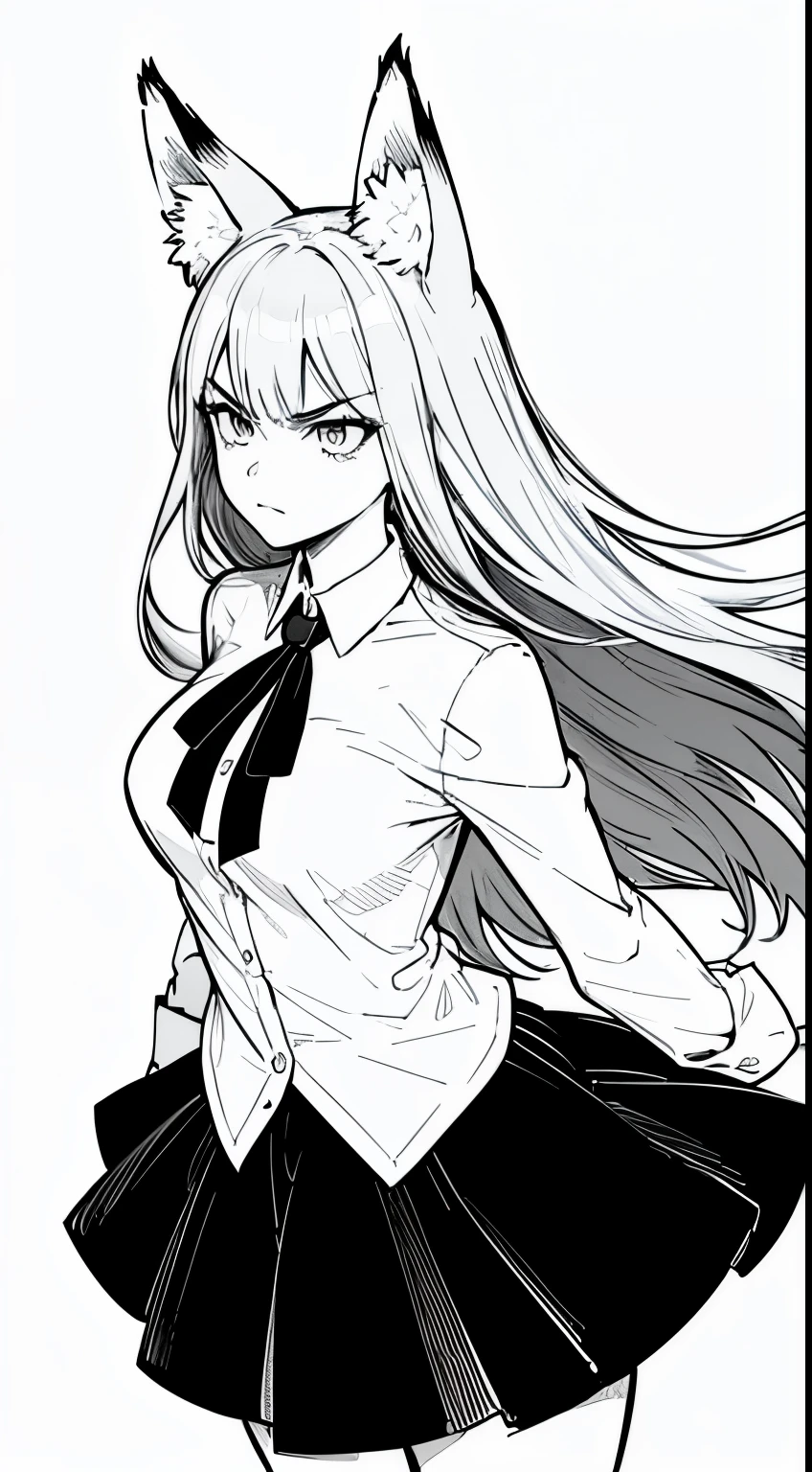 1girl ,20s,angry face,white shirt,black tie,black skirt,medium tits,gray hair,long hair,fox ears,cowboy shot,(white background, monochrome, line drawing,)