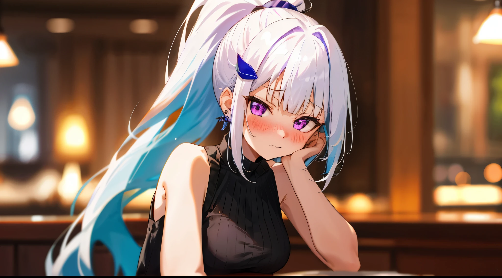 One girl with high ponytail hair, bangs, white hair, blue inner hair:1.25) , purple eyes, looking at viewer, blushing, embarrassed, indoor, cafe, table, sitting, black sleeveless dress, earrings, mid-chest, night atmosphere, hair ornament, medium breasts, upper body, focus, blurry background, hands in face