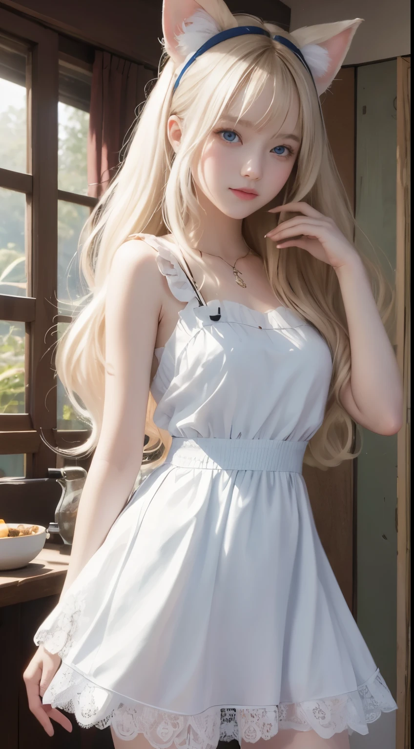 bright expression、photorealisim、top-quality、超A high resolution、a picture、絶妙に美しい北欧生まれの女の子のa picture、Extraordinary beautiful girl、Detailed cute and beautiful face、(pureerosface_v1:0.008)、Beautiful bangs、alice in the wonderland、18year old、Glowing white shiny skin、Flow of hair that extends to the face、Bangs between the eyes、Super long hair、Attractive light and dark platinum blonde super long straight silky hair、finer hair、Attractive glowing beautiful bright clear light blue big eyes、White Apron、Yellow dress、eye liner、Double eyelids、Lush bust、2 girls in、Cat's ears、great laughter、a short skirt、White lace underskirt、Pink panty、