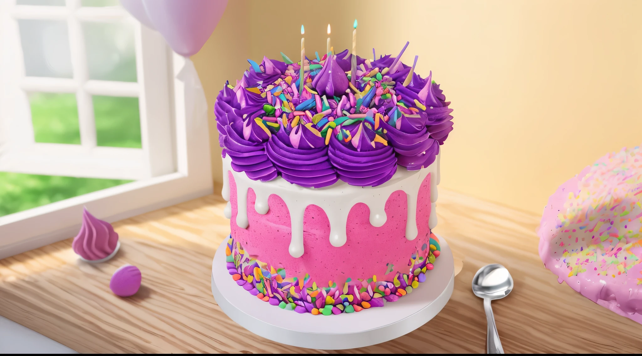 someone is decorating a cake with purple frosting and sprinkles, cake art, birthday cake, the greatest cake, super realistic food picture, cake sculpture, hyper realistic render, designed in blender, hyper - realistic render, hyper-realistic render, hyper realistic detailed render, cake, super detailed render, cakes, highly detailed scene, highly detailed render, hyper realistic 3 d render