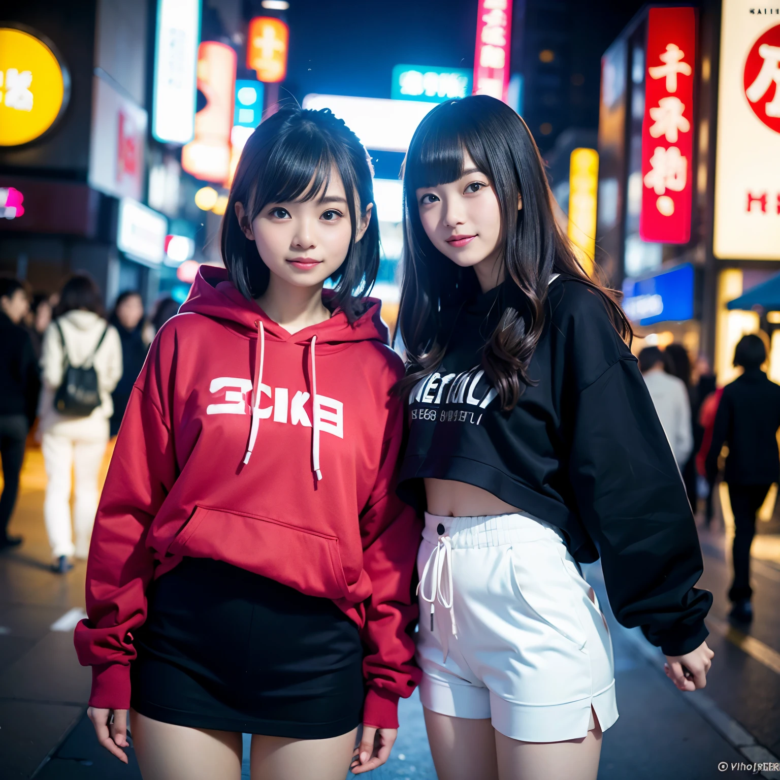 1人、on tokyo street、A city scape、夜のA city scape、Neon Street、full bodyesbian、a closeup、A smile、、(8K、Raw photography、top-quality、masterpiece:1.2)、(realisitic、フォトrealisitic:1.37)、Highly detailed eyelash drawing、(((Top image quality))), (Perfect Anatomy), (Realistic), (Dynamic Angle), Pose Seductive,Perfect, Look、top-quality、hight resolution、legs are thin、Toyoko、Shinjuku、Kabukicho、parka、Wearing a sweatshirt