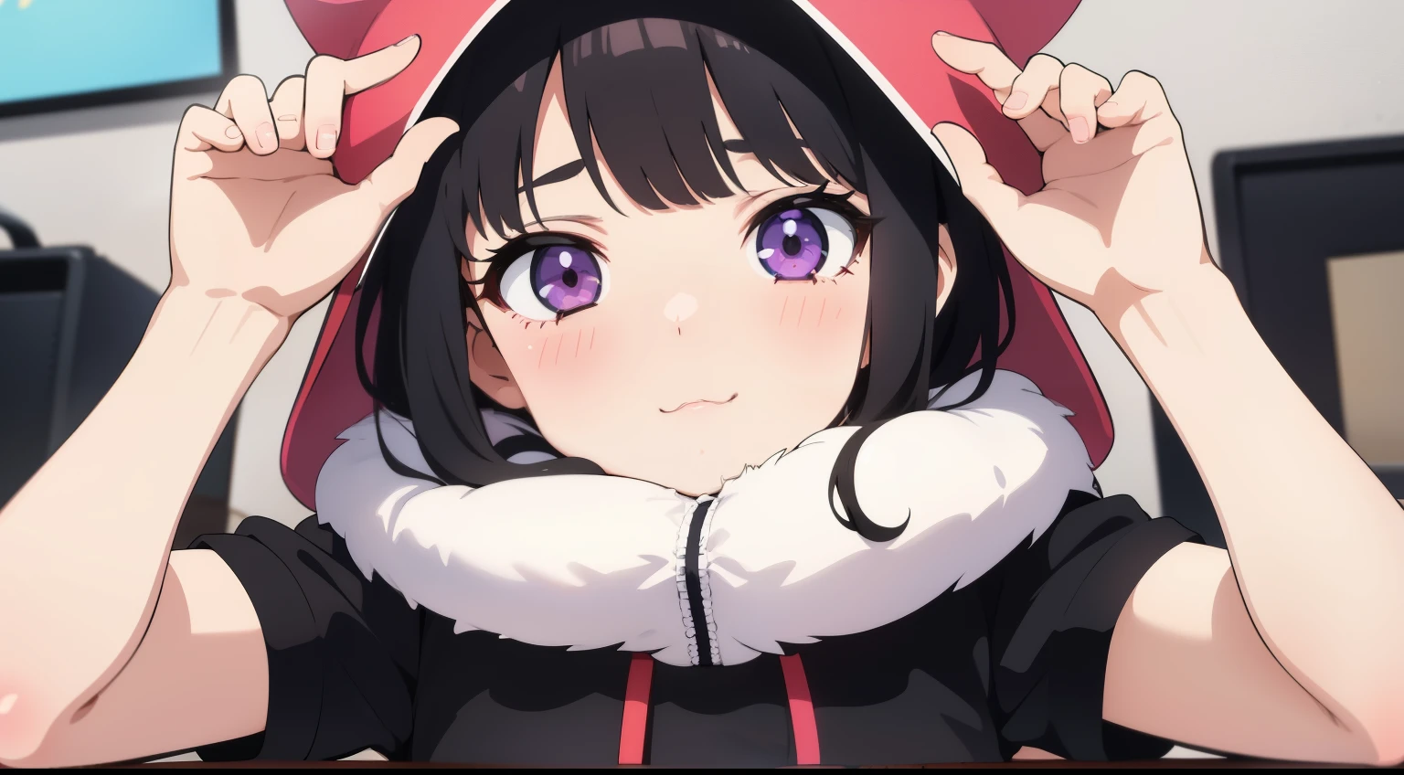 A girl with fingers on her cheek, cute loli in a kitten costume, inspired by Chika from the anime Kaguya-sama, background according to the image, black hair, bright violet eyes, 2D anime