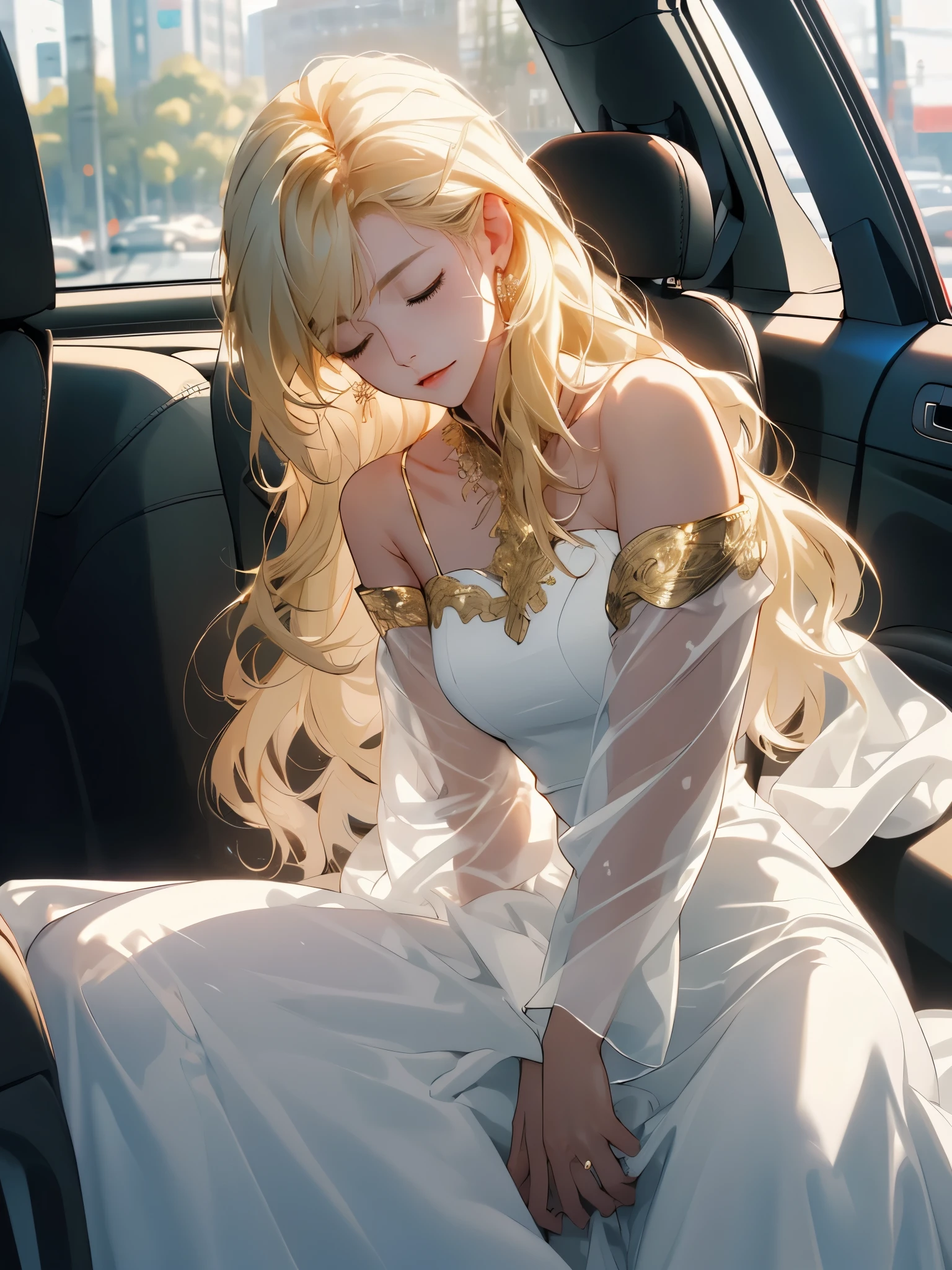((tmasterpiece)), ((Best quality at best)), 8K, k hd, super detailinaam), (White dress with gold trim), (The blonde hair shawl was scattered), (Closed eyes expression) (sleeping in the car 1.6) (Full body display 1.4) 艺术品是一件tmasterpiece, 具有最好的品质和super detailing, captured in 8K k hd. Photographic actual, actual, very detailed illustrations actual, octaneratingrendering