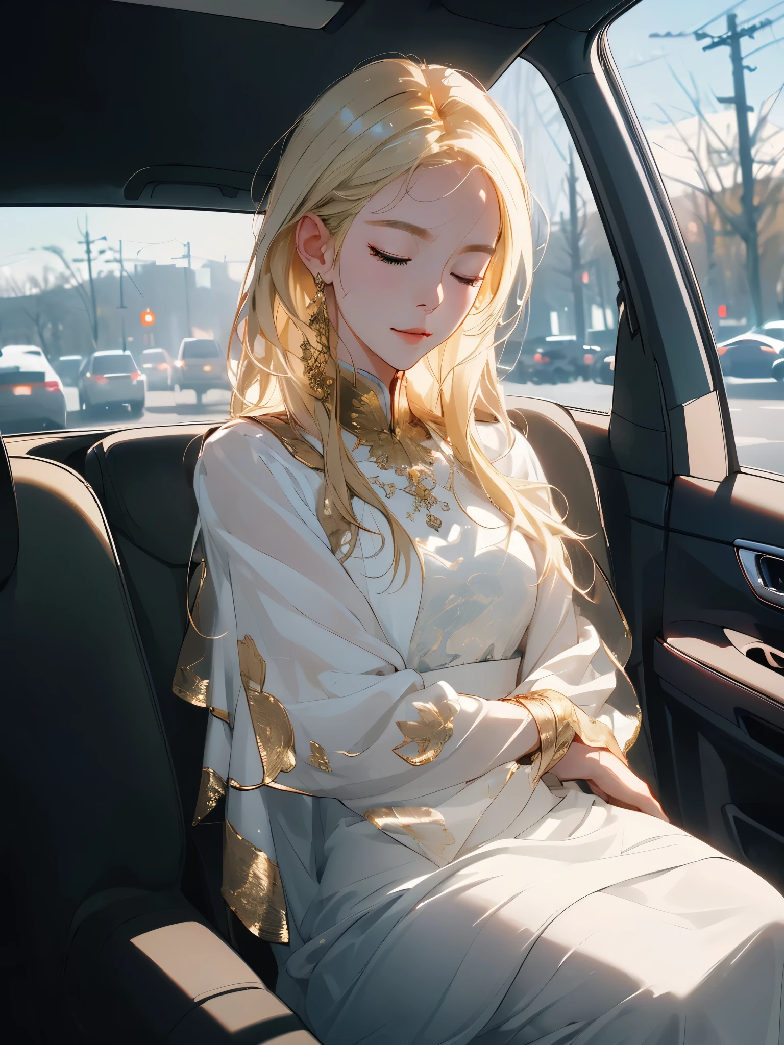 ((tmasterpiece)), ((Best quality at best)), 8K, k hd, super detailinaam), (White dress with gold trim), (The blonde hair shawl was scattered), (Closed eyes expression) (sleeping in the car 1.6) (Full body display 1.4) 艺术品是一件tmasterpiece, 具有最好的品质和super detailing, captured in 8K k hd. Photographic actual, actual, very detailed illustrations actual, octaneratingrendering