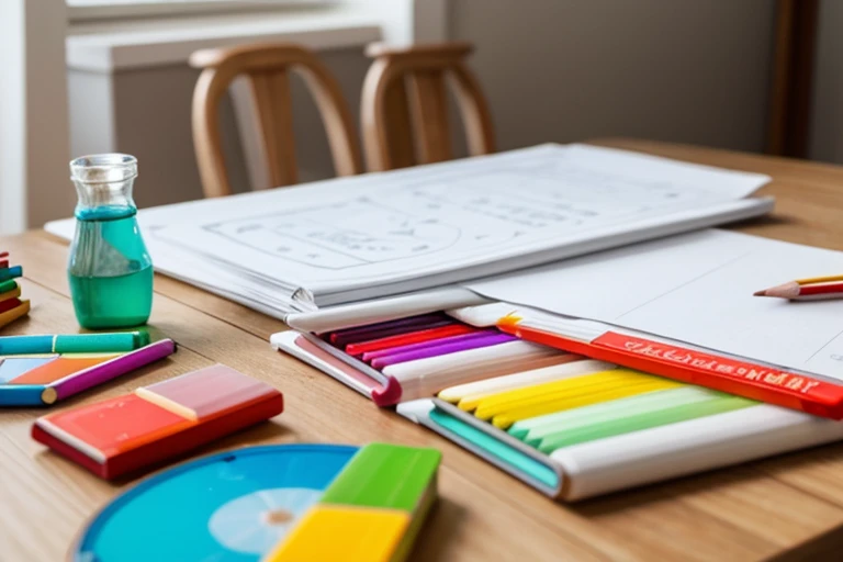 white sheet of paper on a table with many colored pencils next to it, giz de cera, canetinhas coloridas, ambiente como uma brinquedoteca infantil, ambiente claro iluminado diurno, environment with colorful furniture, mostre as mesas inteiras sem cortar as pernas das mesas, image further away, lente 35mm