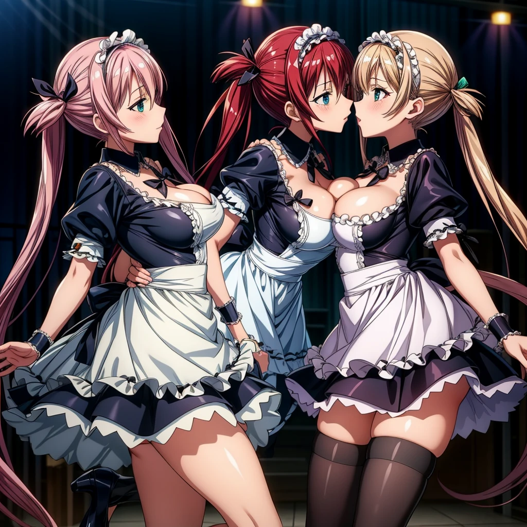 masutepiece, Best Quality, Airlib 4,  thighs thighs thighs thighs, black thighs thighs thighs thighs, Apron, zettai ryouiki, maid, Maid headdress, cleavage, Wrist cuffs,Multiple maids lined up,2girls,the kiss