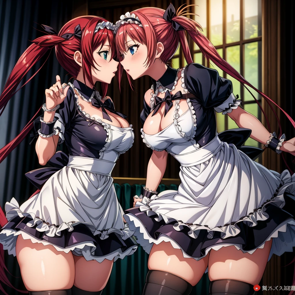 masutepiece, Best Quality, Airlib 4, thighs thighs thighs thighs, black thighs thighs thighs thighs, Apron, zettai ryouiki, maid, Maid headdress, cleavage, Wrist cuffs,Multiple maids lined up,2girls,the kiss