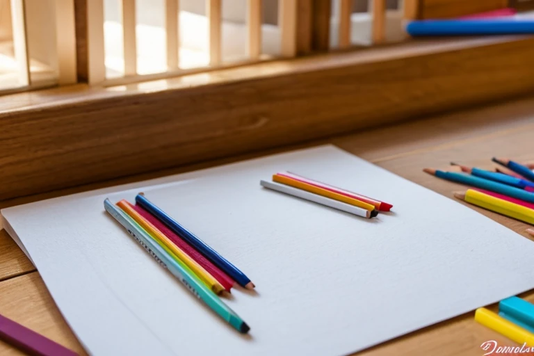 white sheet of paper on a table with many colored pencils next to it, giz de cera, canetinhas coloridas, ambiente como uma brinquedoteca infantil, ambiente claro iluminado diurno, environment with colorful furniture, mostre as mesas inteiras sem cortar as pernas das mesas, image further away, lente 50mm