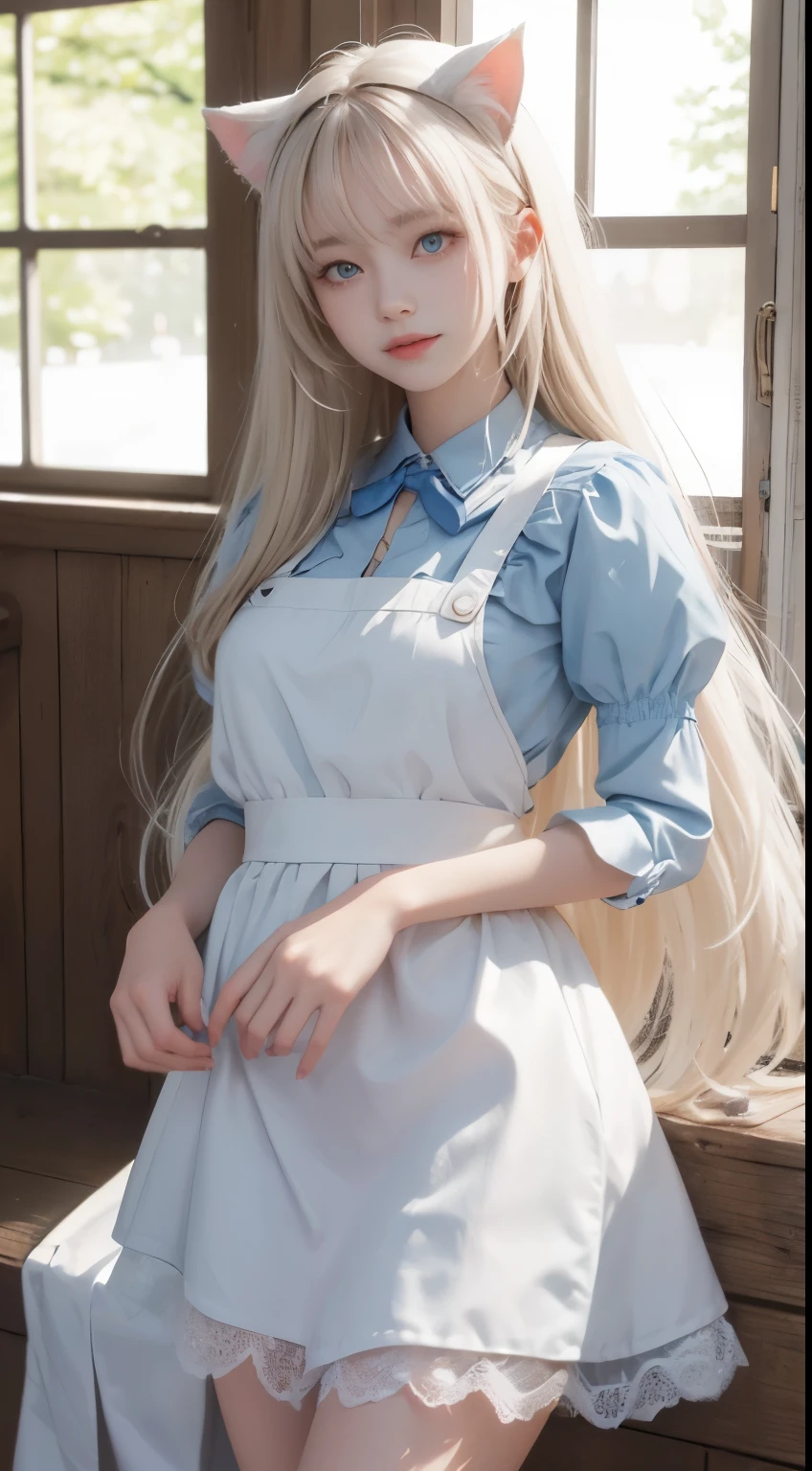 fullllbody, Laugh, bright expression、photorealisim、top-quality、超A high resolution、a picture、絶妙に美しい北欧生まれの女の子のa picture、Extraordinary beautiful girl、Detailed cute and beautiful face、(pureerosface_v1:0.008)、Beautiful bangs、alice in the wonderland、18year old、Glowing white shiny skin、Flow of hair that extends to the face、Bangs between the eyes、Super long hair、Attractive light and dark platinum blonde super long straight silky hair、finer hair、Attractive glowing beautiful bright clear light blue big eyes、White Apron、Yellow dress、eye liner、Double eyelids、Lush bust、2 girls in、Cat's ears、great Laughter、a short skirt、White lace underskirt、Pink panty、