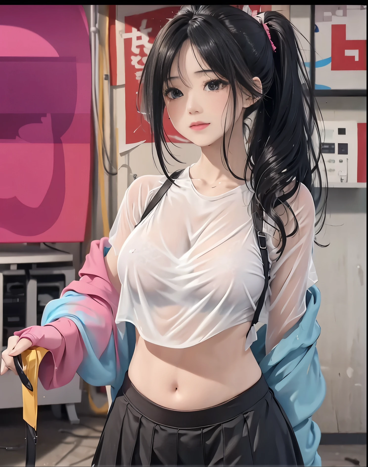 masuter piece, Best Quality, Beautiful 8K wallpapers, (lovely), （up skirt、Wet and see-through clothes）、Ponytail with black hair、(（large full breasts、teats）)、inside in room